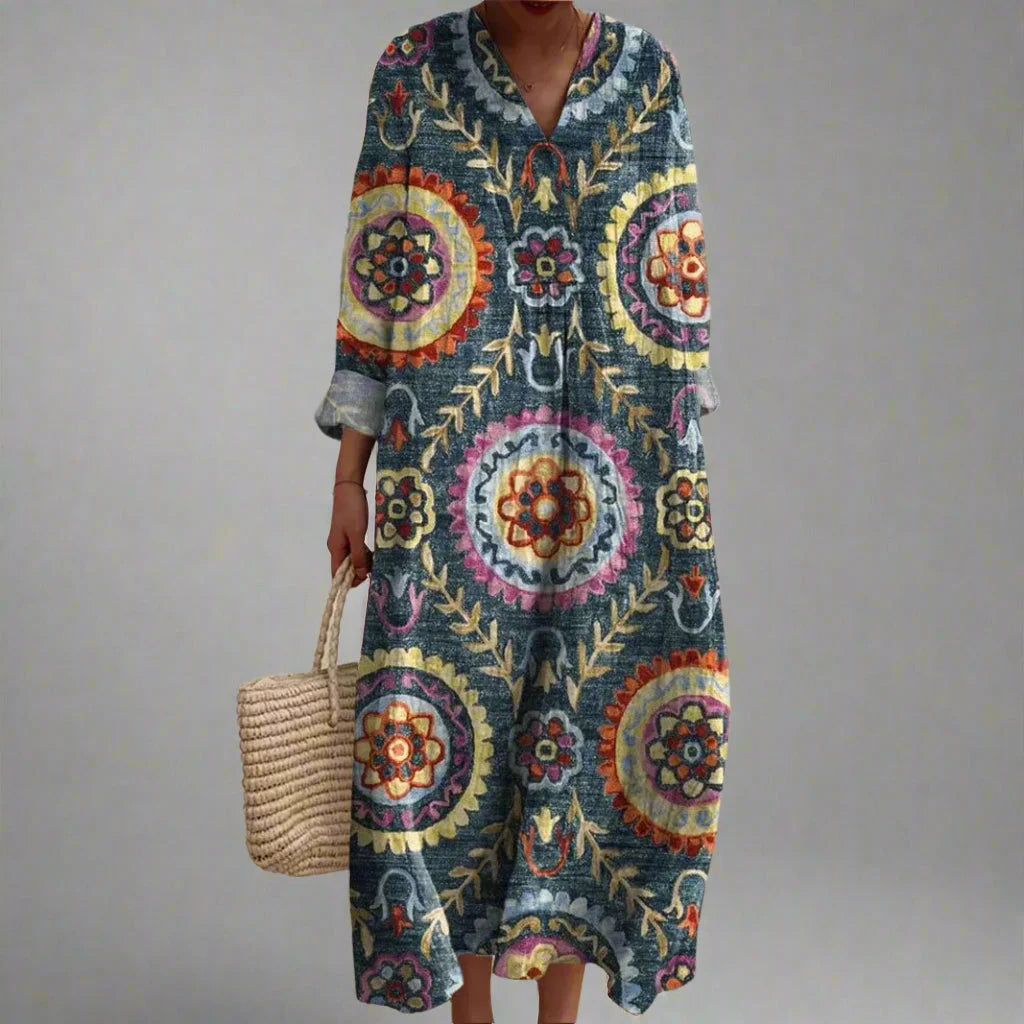 Women's geometric floral print maxi dress with V-neck and long sleeves – Multicolor