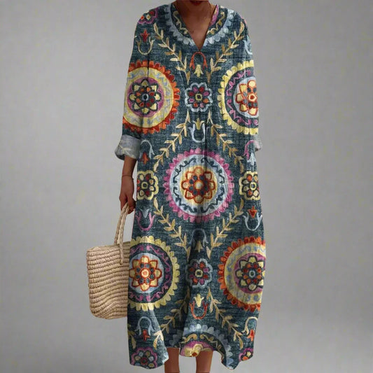 Women's geometric floral print maxi dress with V-neck and long sleeves – Multicolor