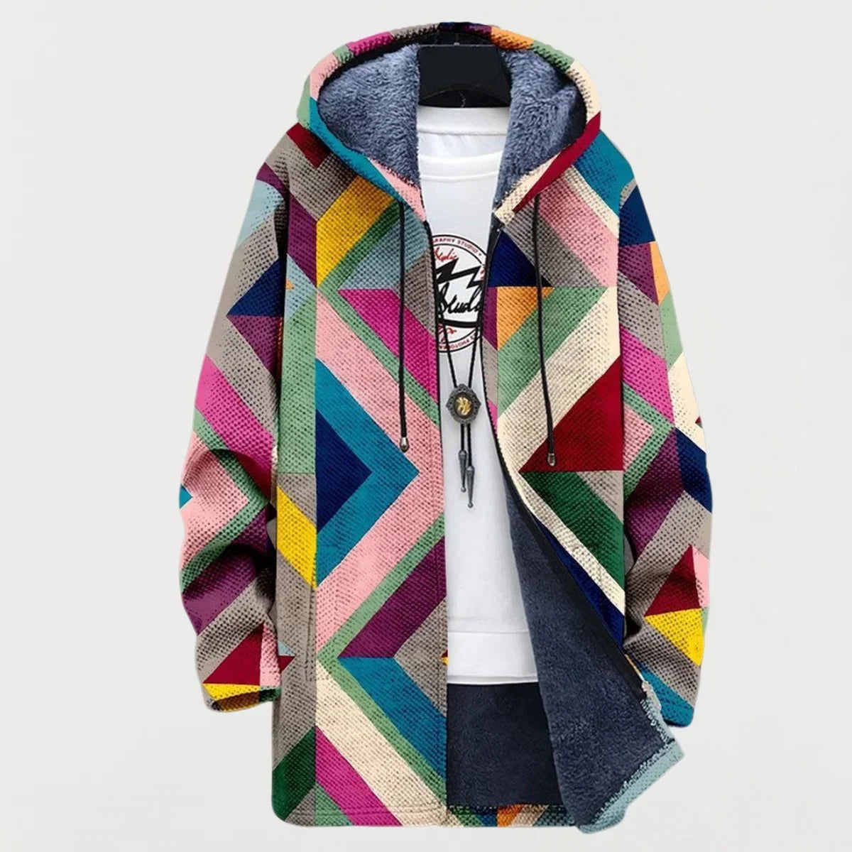 Women's geometric print fleece-lined hooded sweater jacket – Multicolor