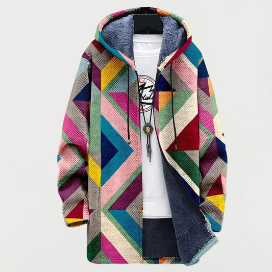 Women's geometric print fleece-lined hooded sweater jacket – Multicolor