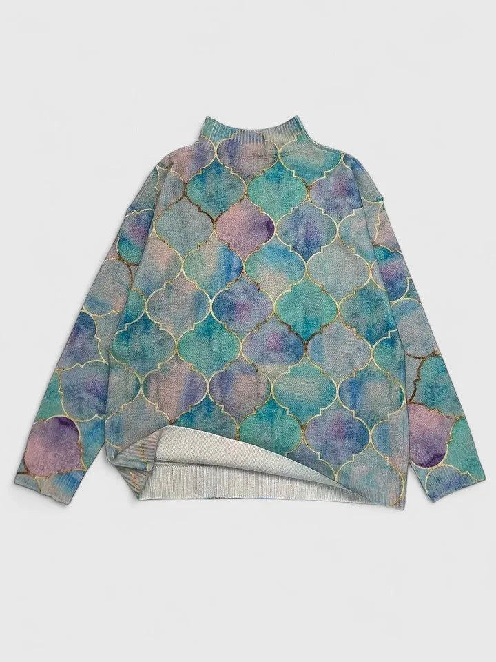 Women's geometric print knit turtleneck sweater with long sleeves – Multicolor