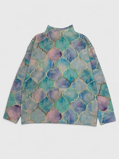 Women's geometric print knit turtleneck sweater with long sleeves – Multicolor