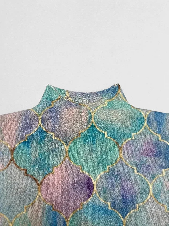 Women's geometric print knit turtleneck sweater with long sleeves – Multicolor