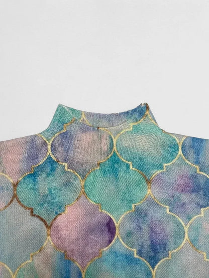 Women's geometric print knit turtleneck sweater with long sleeves – Multicolor