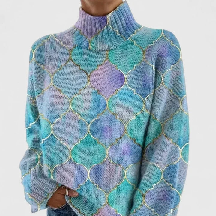 Women's geometric print knit turtleneck sweater with long sleeves – Multicolor