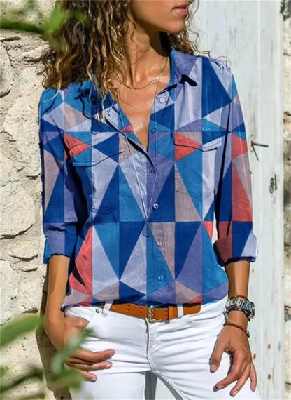 Women's geometric-print long-sleeve button-down shirt with chest pockets – Blue