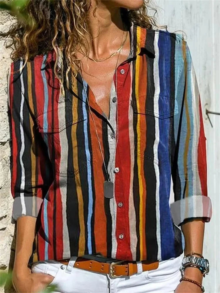 Women's geometric-print long-sleeve button-down shirt with chest pockets – Claret