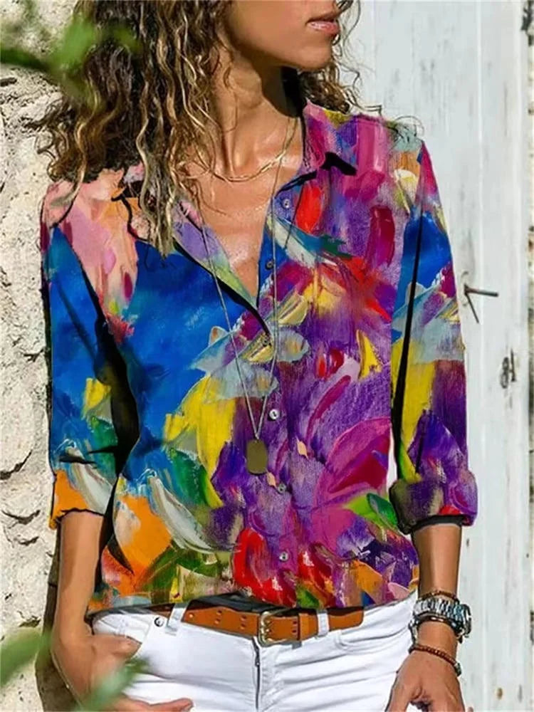 Women's geometric-print long-sleeve button-down shirt with chest pockets – Fuchsia