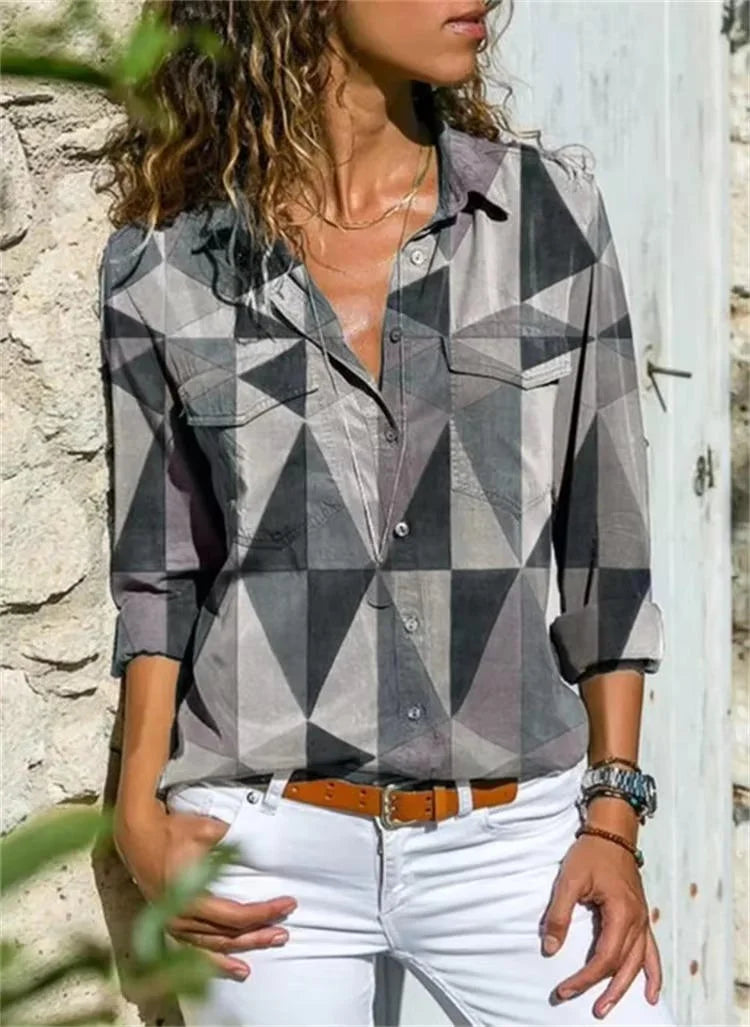 Women's geometric-print long-sleeve button-down shirt with chest pockets – Grey