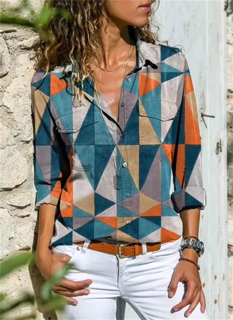 Women's geometric-print long-sleeve button-down shirt with chest pockets – Orange