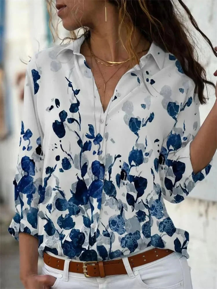 Women's geometric-print long-sleeve button-down shirt with chest pockets – Sky Blue