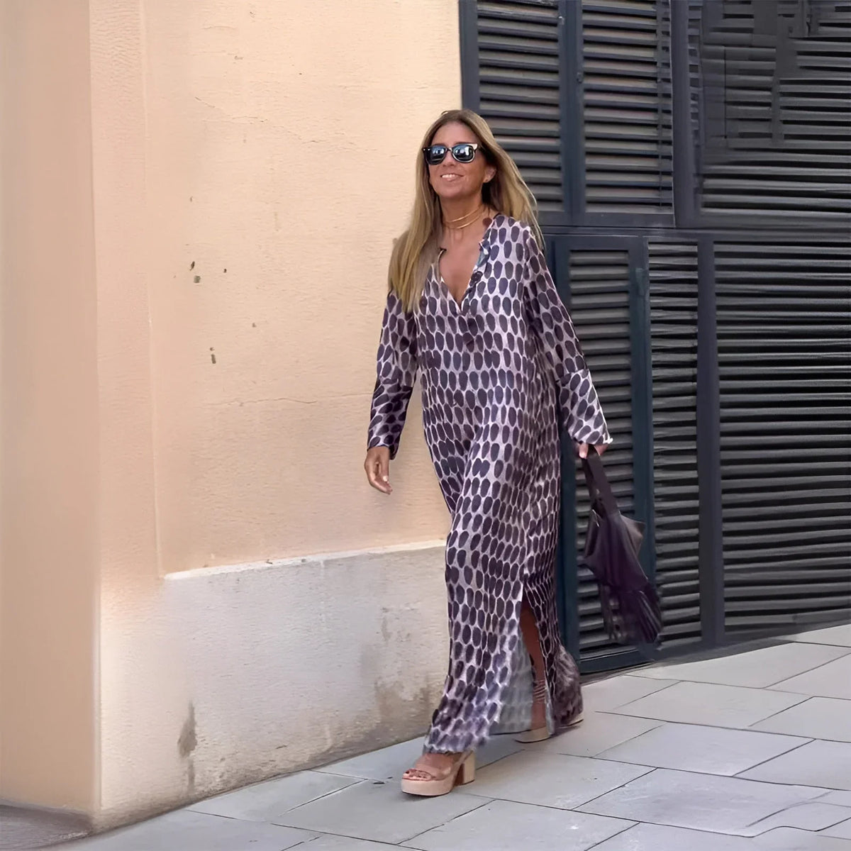 Women's geometric-print satin maxi dress with long-sleeve V-neck and side-slit – Purple