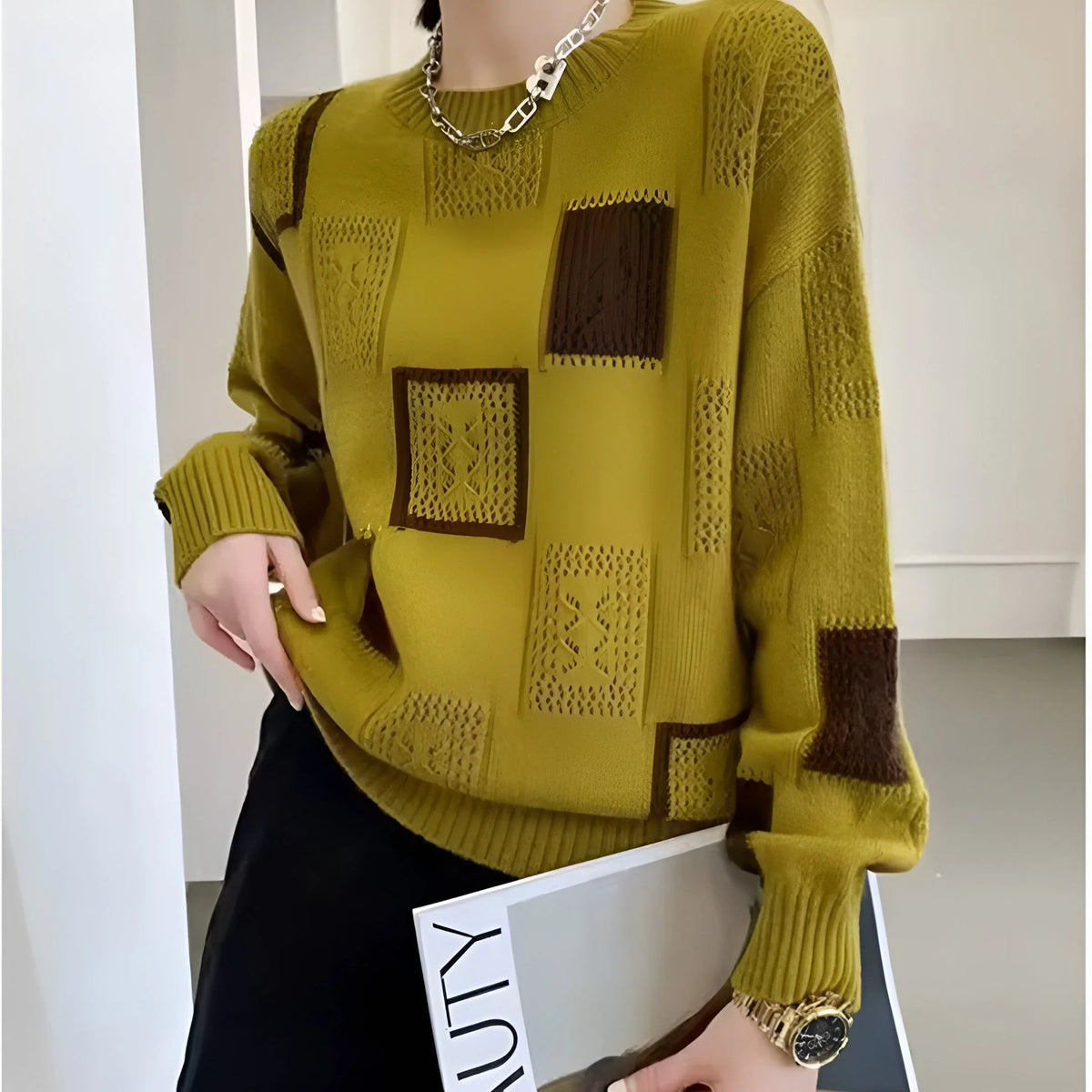 Women's geometric square-pattern knit sweater with long-sleeve and crew neck