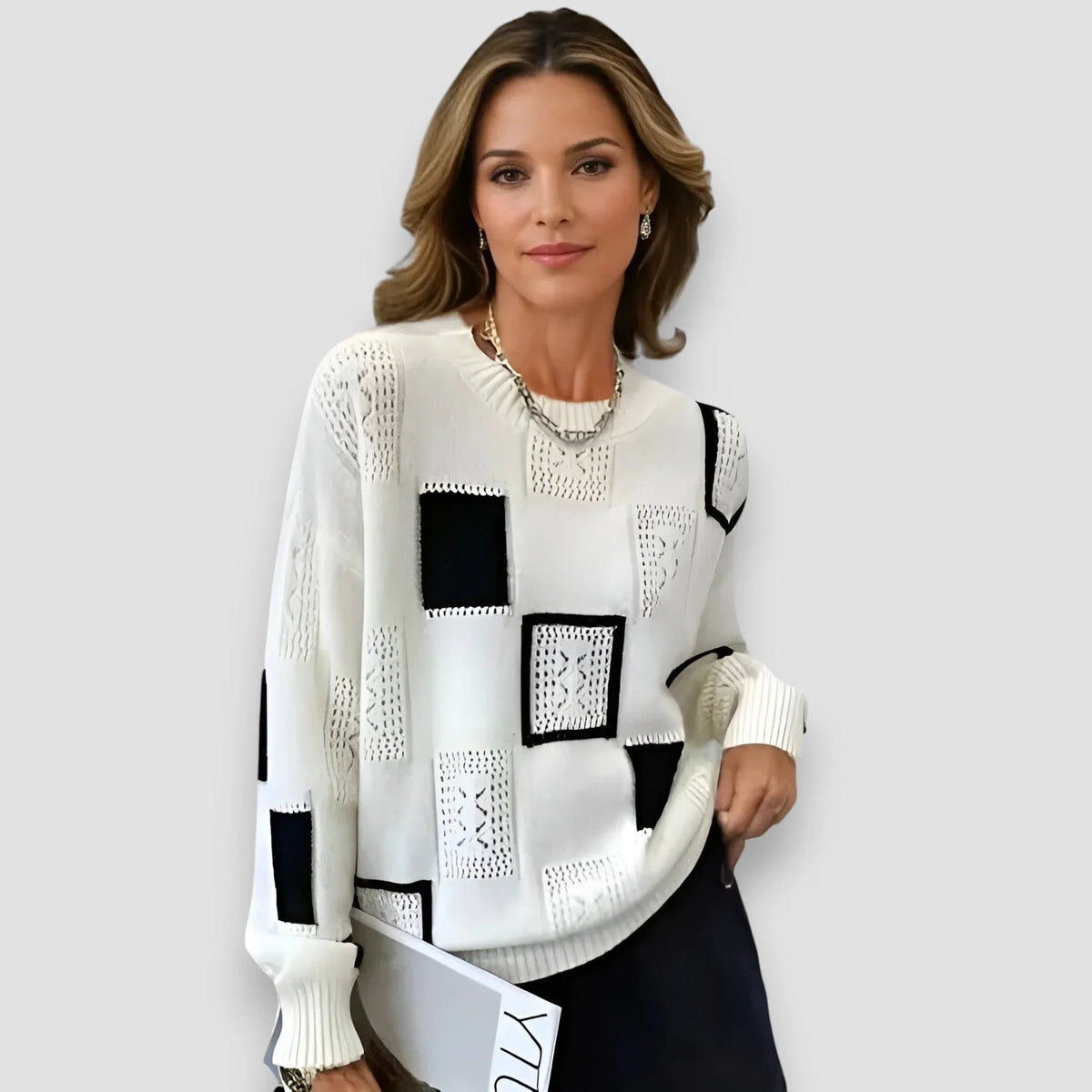 Women's geometric square-pattern knit sweater with long-sleeve and crew neck