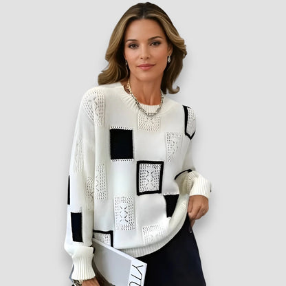 Women's geometric square-pattern knit sweater with long-sleeve and crew neck