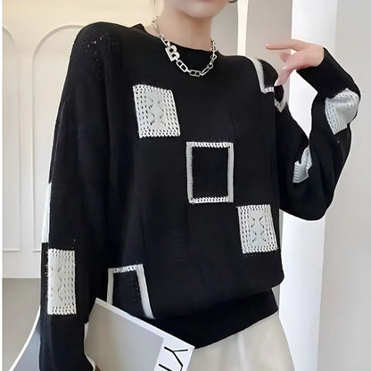 Women's geometric square-pattern knit sweater with long-sleeve and crew neck – Black