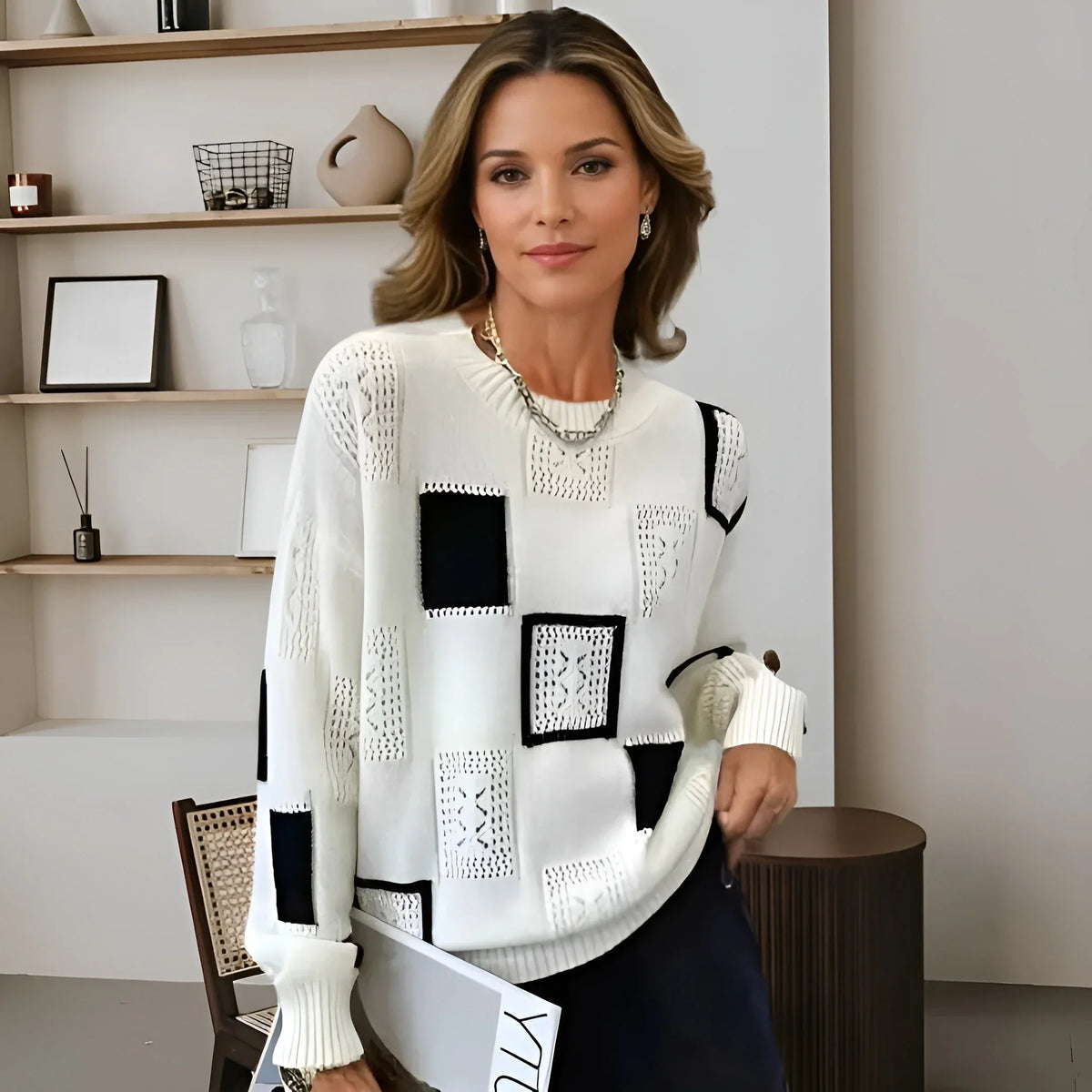 Women's geometric square-pattern knit sweater with long-sleeve and crew neck – White