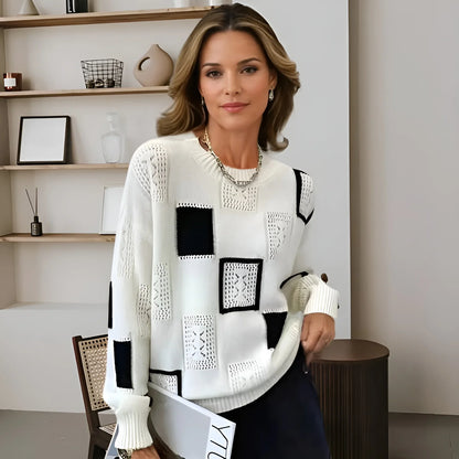 Women's geometric square-pattern knit sweater with long-sleeve and crew neck – White