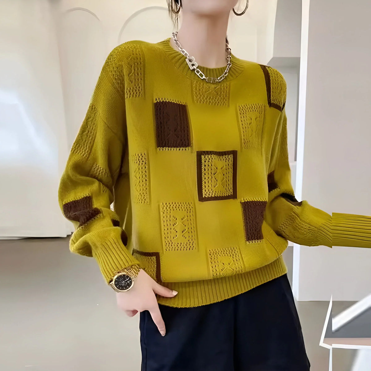 Women's geometric square-pattern knit sweater with long-sleeve and crew neck – Yellow