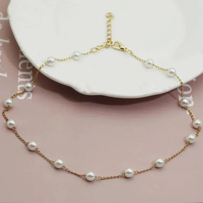 Women's tone dainty pearl choker necklace with spaced pearls – Gold