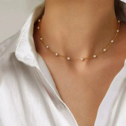 Women's tone dainty pearl choker necklace with spaced pearls – Gold