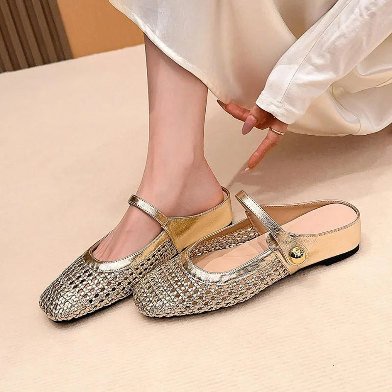 Women's woven Mary Jane flat mules with buckle strap
