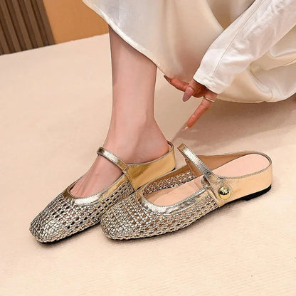 Women's woven Mary Jane flat mules with buckle strap