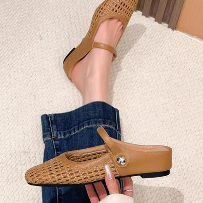 Women's woven Mary Jane flat mules with buckle strap