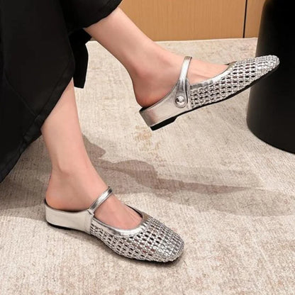 Women's woven Mary Jane flat mules with buckle strap