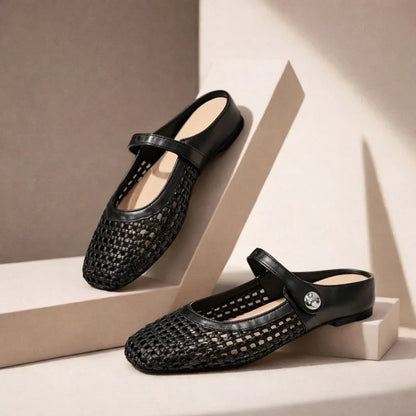 Women's woven Mary Jane flat mules with buckle strap – Black