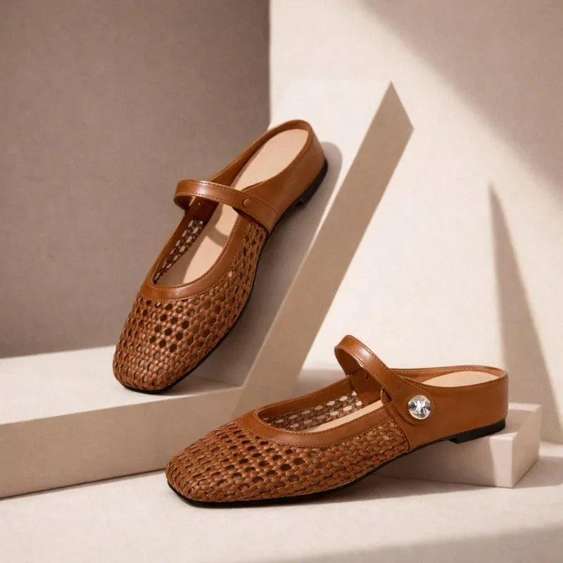 Women's woven Mary Jane flat mules with buckle strap – Brown