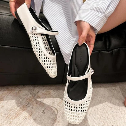 Women's woven Mary Jane flat mules with buckle strap