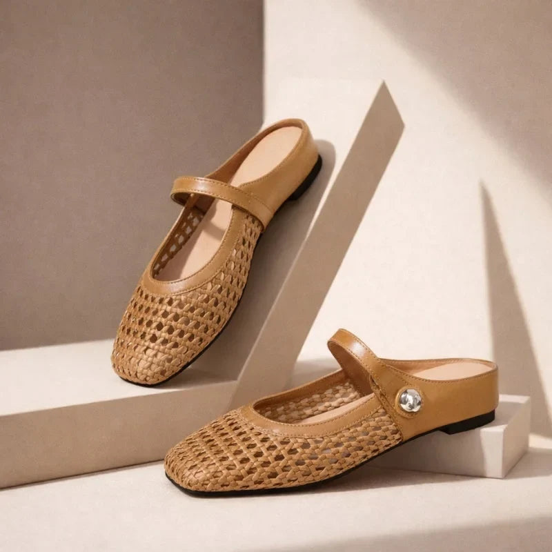 Women's woven Mary Jane flat mules with buckle strap – Camel
