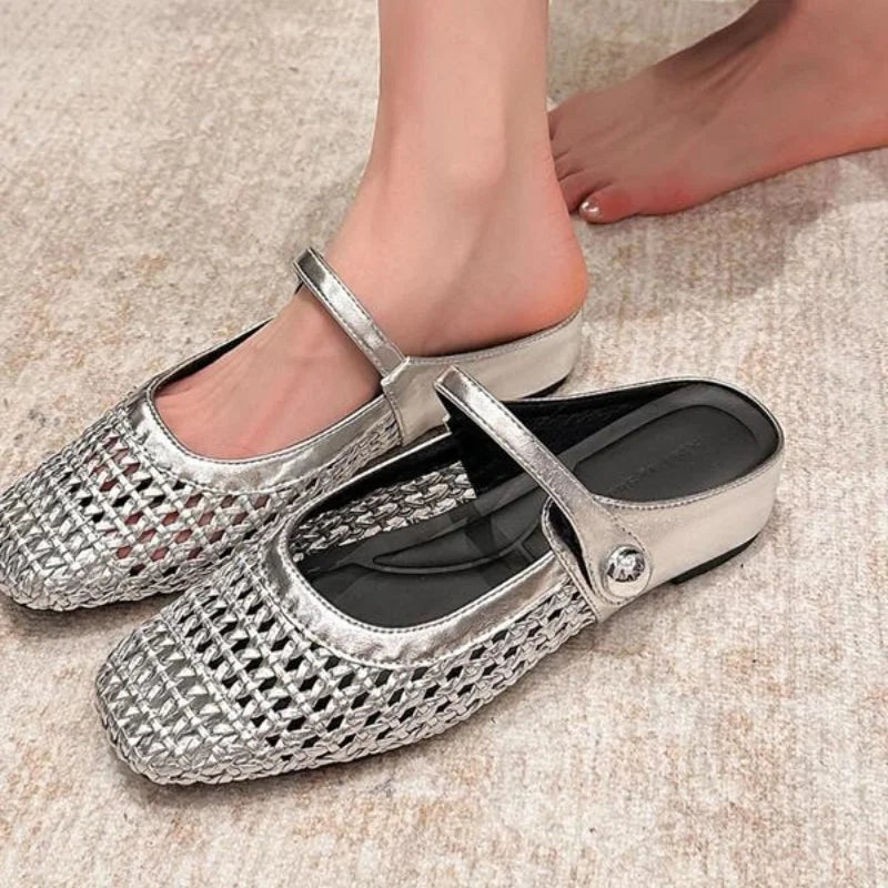 Women's woven Mary Jane flat mules with buckle strap