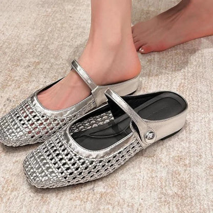 Women's woven Mary Jane flat mules with buckle strap