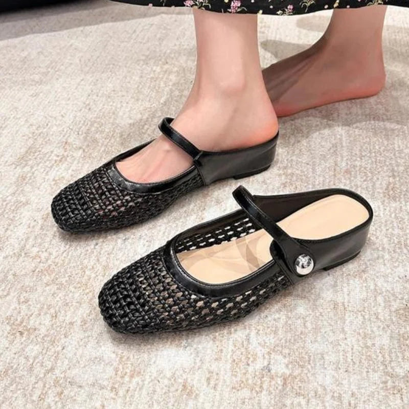 Women's woven Mary Jane flat mules with buckle strap