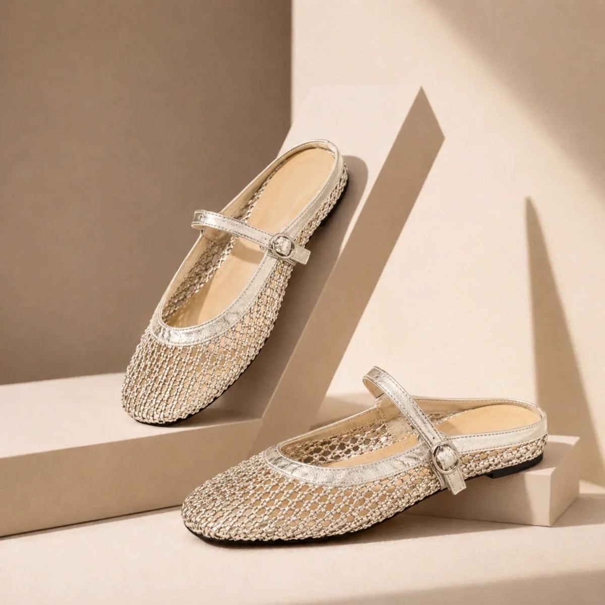 Women's woven Mary Jane flat mules with buckle strap – Gold