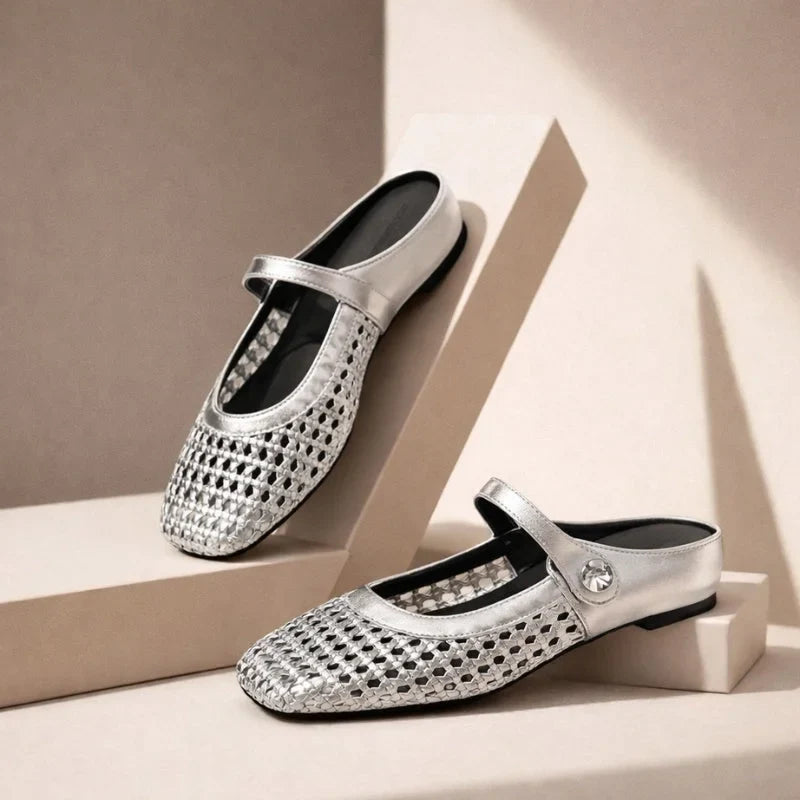 Women's woven Mary Jane flat mules with buckle strap – Silver