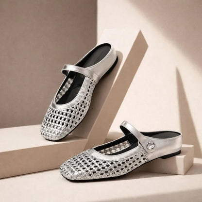 Women's woven Mary Jane flat mules with buckle strap – Silver