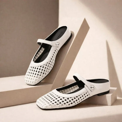 Women's woven Mary Jane flat mules with buckle strap – White