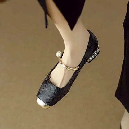 Women's floral jacquard Mary Jane shoes with pearl strap and glitter block heel