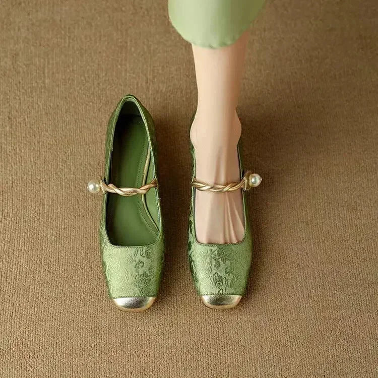 Women's floral jacquard Mary Jane shoes with pearl strap and glitter block heel – Green
