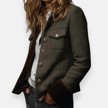 Women's herringbone long-sleeve field jacket with velvet cuffs – Green