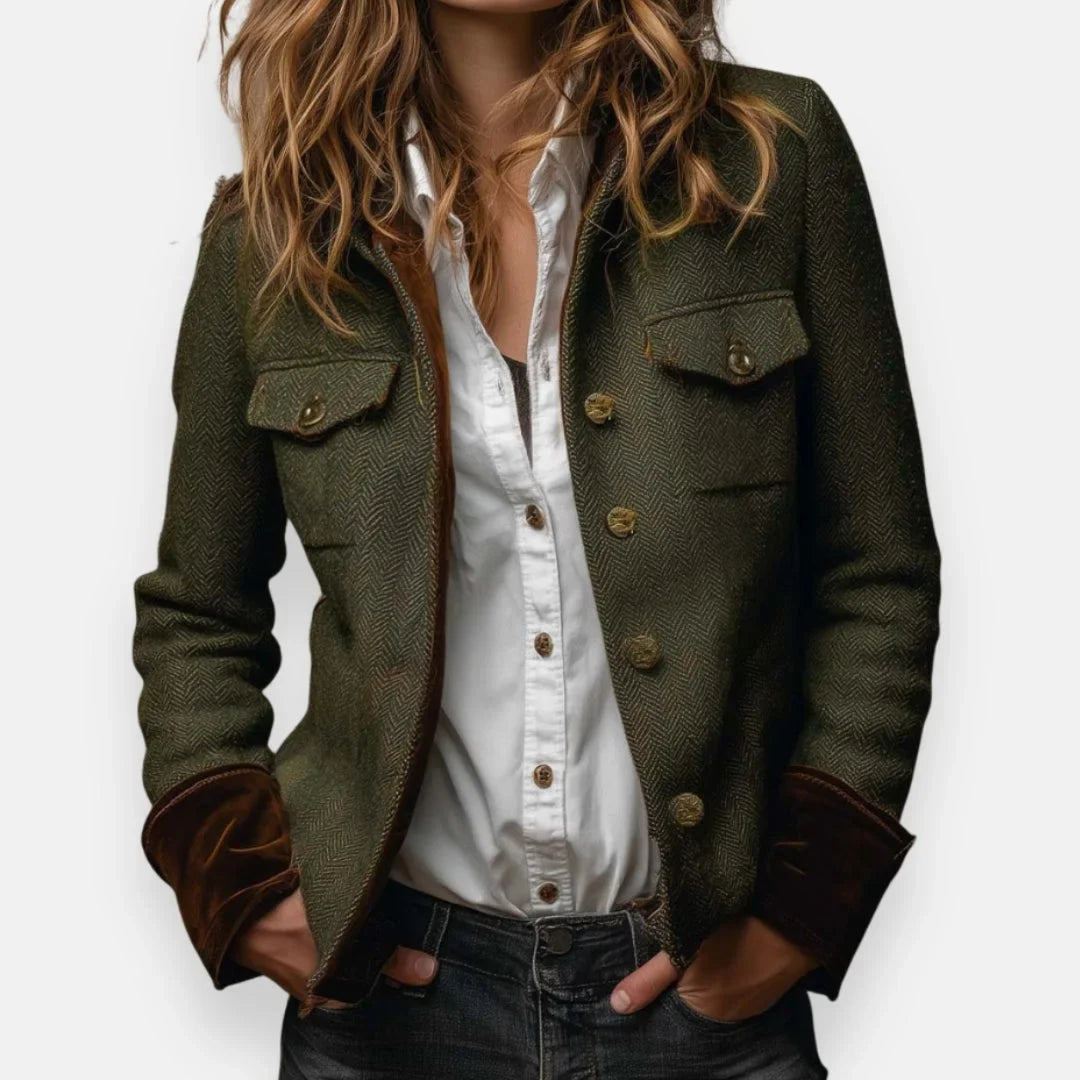 Women's herringbone long-sleeve field jacket with velvet cuffs – Green