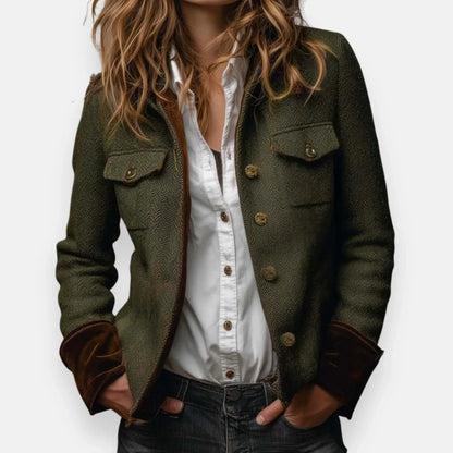 Women's herringbone long-sleeve field jacket with velvet cuffs – Green