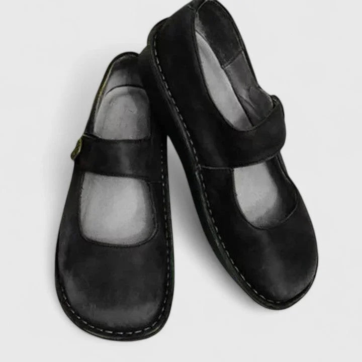 Women's comfort leather Mary-Jane shoes with adjustable strap – Black