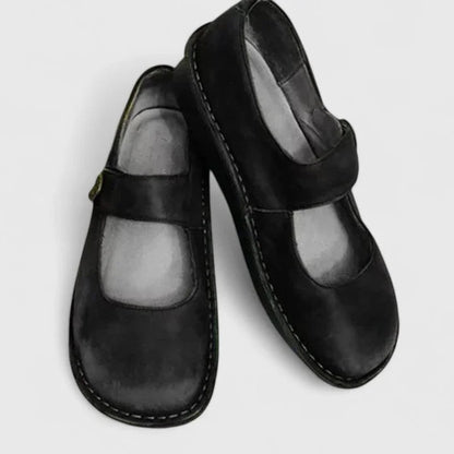 Women's comfort leather Mary-Jane shoes with adjustable strap – Black