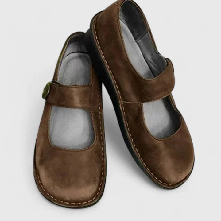 Women's comfort leather Mary-Jane shoes with adjustable strap – Brown