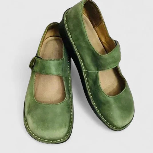Women's comfort leather Mary-Jane shoes with adjustable strap – Green