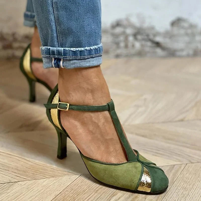 Women's patchwork suede heels with T-strap and closed-toe – Green